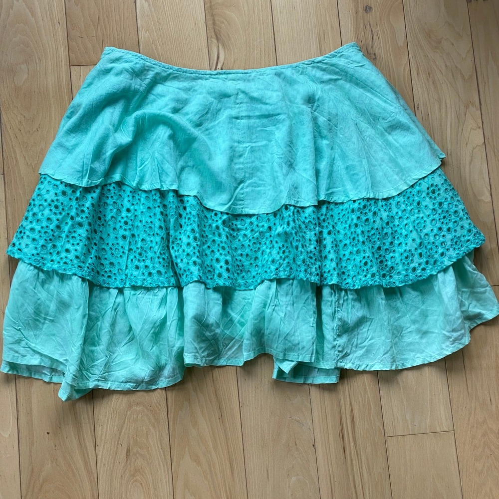 Y2K Deadstock SoHo Chick Boho Turquoise Eyelet Ruffle Tiered Mini Skirt - XL
